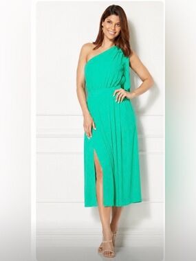 Eva Mendes for New York & Company One-Shoulder Midi Dress in Teal Green